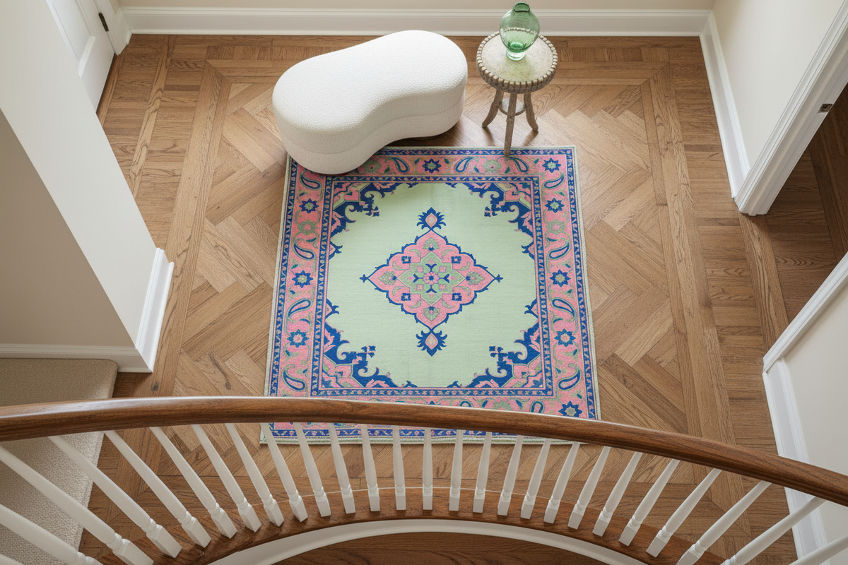 Decorative rug with a geometric pattern on a wooden floor, viewed from above.