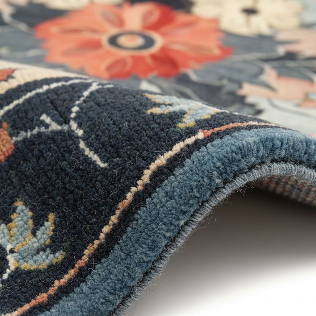 Close-up of a floral-patterned rug with blue and red colors.