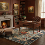 Cozy living room with fireplace, bookshelves, and a desk.