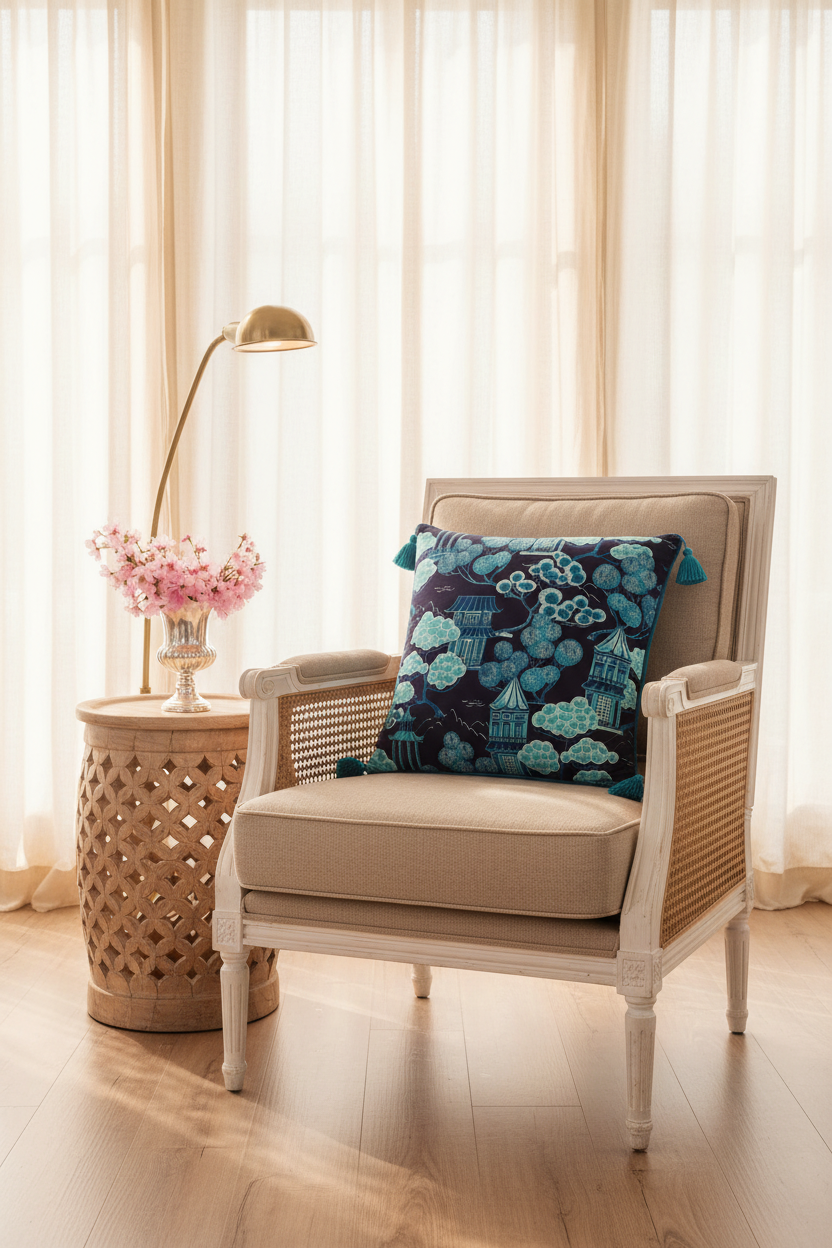 A beige upholstered armchair with a white frame and cane armrests sits in a bright room with sheer curtains. A decorative throw pillow with a blue and green floral pattern rests on the chair, next to a woven side table holding a vase of pink flowers and a gold floor lamp.