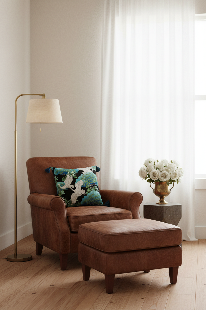 A brown leather armchair with a matching ottoman in a bright, modern room. The armchair features a decorative teal and white patterned throw pillow, and is styled next to a brass floor lamp and a side table with white flowers.