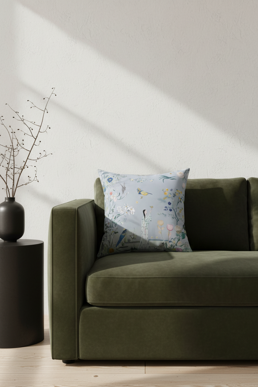 A square decorative throw pillow with a light blue floral and bird pattern rests on the back of an olive green velvet sofa in a modern living room setting.