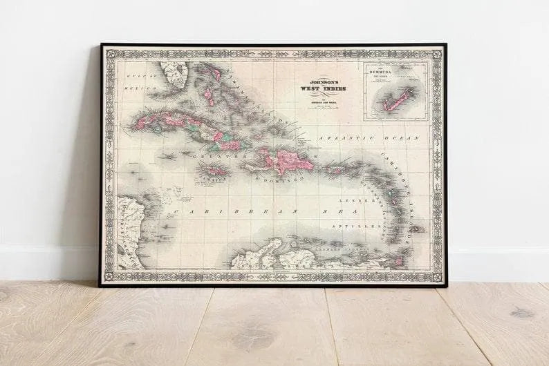 Caribbean Map Wall Print| 1864 West Indies Map