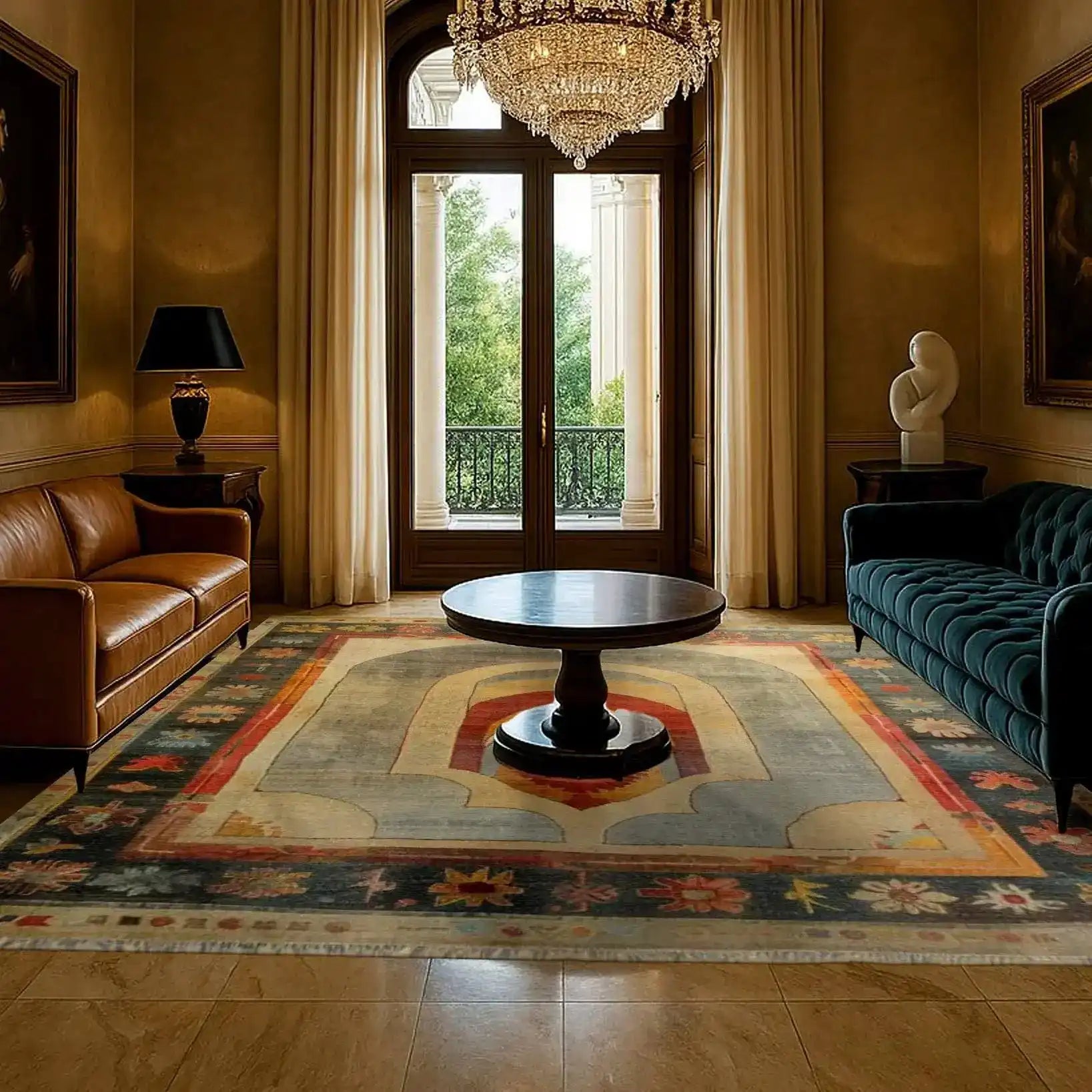 Elegant living room featuring a Central Medallion Hand Knotted Area Rug, perfect for adding a touch of vintage charm. This Persian-inspired rug in an 8x10 size is ideal for living room spaces, with intricate floral patterns and a harmonious color palette that enhances classic interior decor.