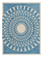 Cerulean Sunburst Deco Hand Tufted Wool Rug shown flat on a white background