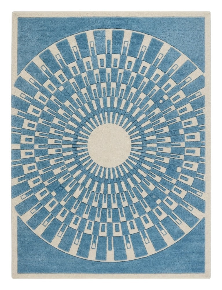 Cerulean Sunburst Deco Hand Tufted Wool Rug shown flat on a white background