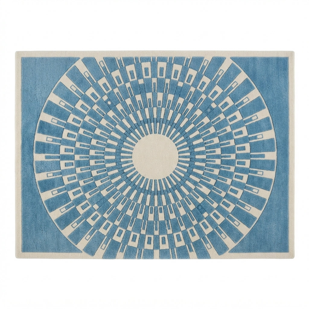 Cerulean Sunburst Deco Hand Tufted Wool Rug — blue, light blue, ivory art deco rug by Maia Homes
