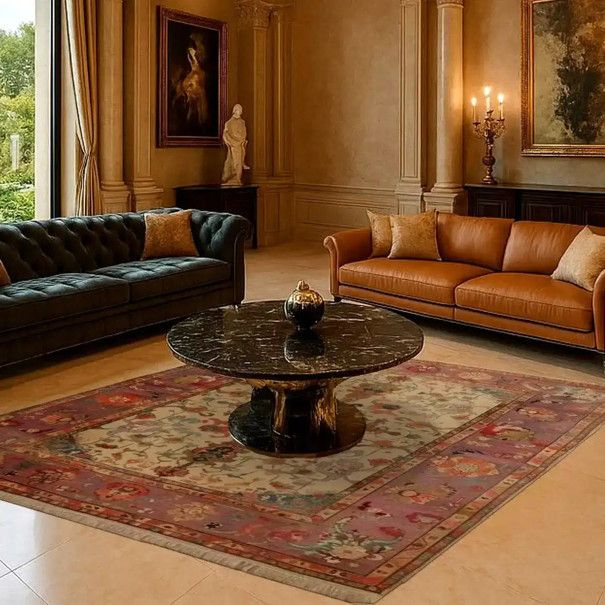 Luxurious living room featuring a Charming Blooms Hand Knotted Area Rug in an 8x10 size. The vintage rug, with its intricate Persian-inspired design, complements the elegant decor, including plush sofas and a marble coffee table, creating a warm and inviting atmosphere.
