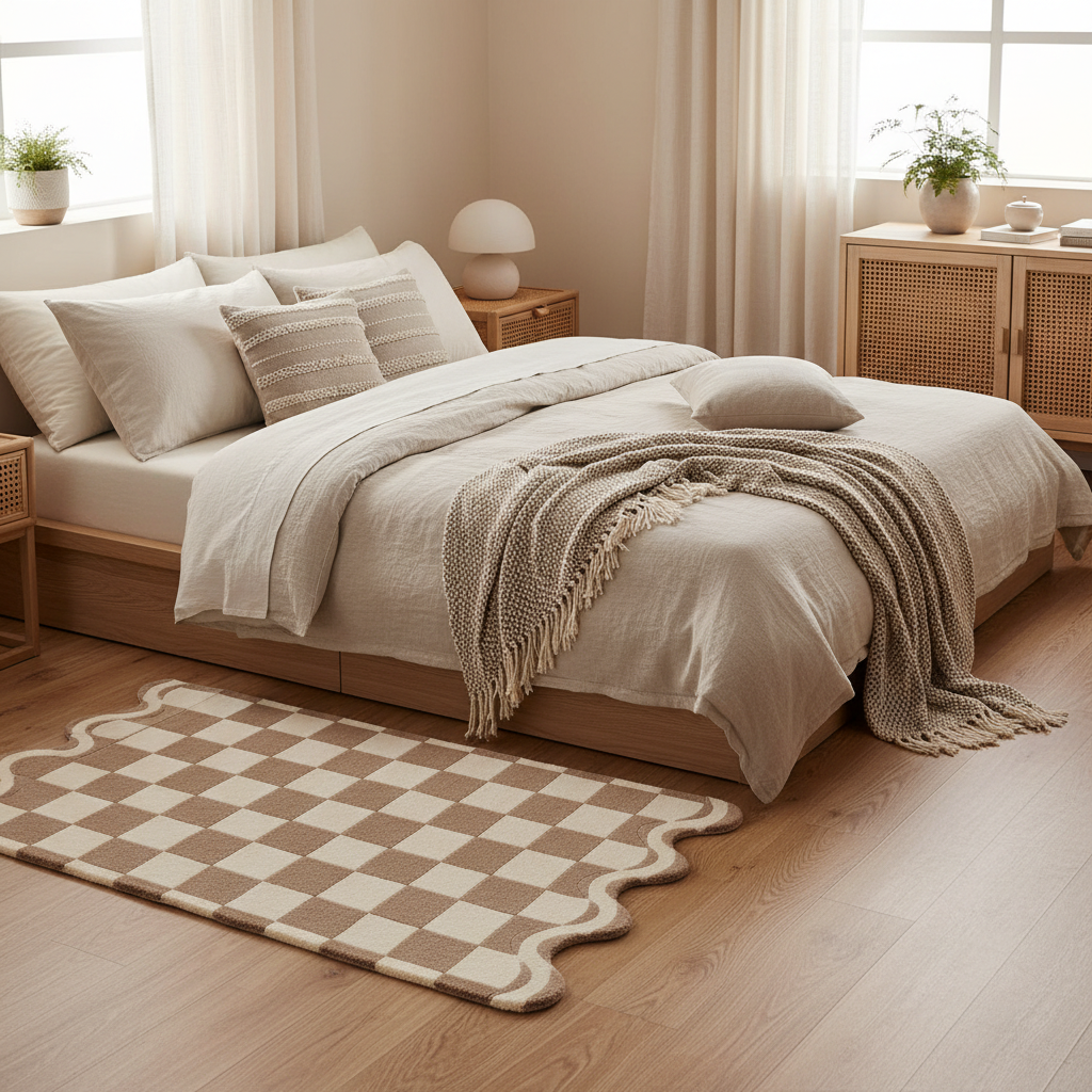 Neatly made bed with beige bedding and a checkered rug in a bright bedroom.