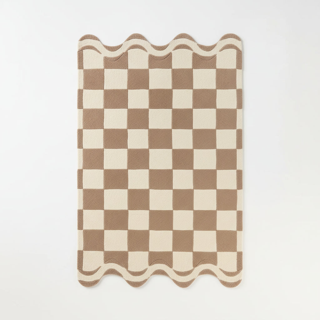 Woven rug with a geometric pattern on a white background