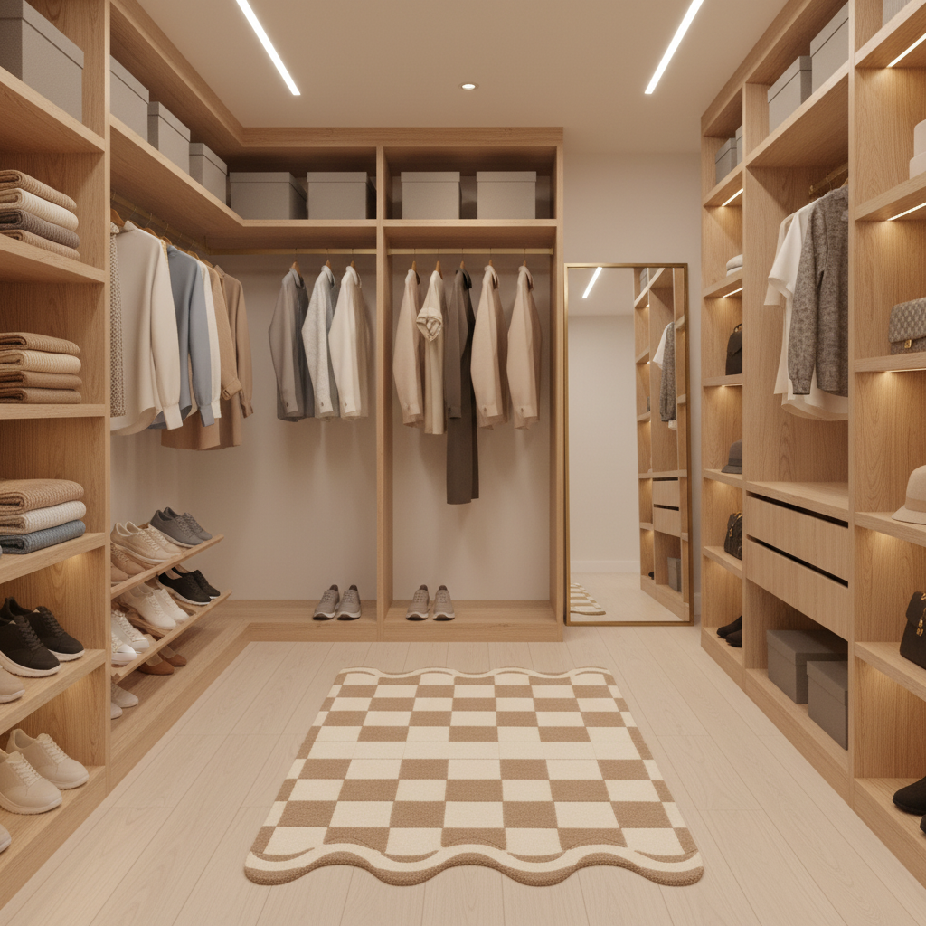 Modern walk-in closet with wooden shelves, clothes, shoes, and a checkered rug.