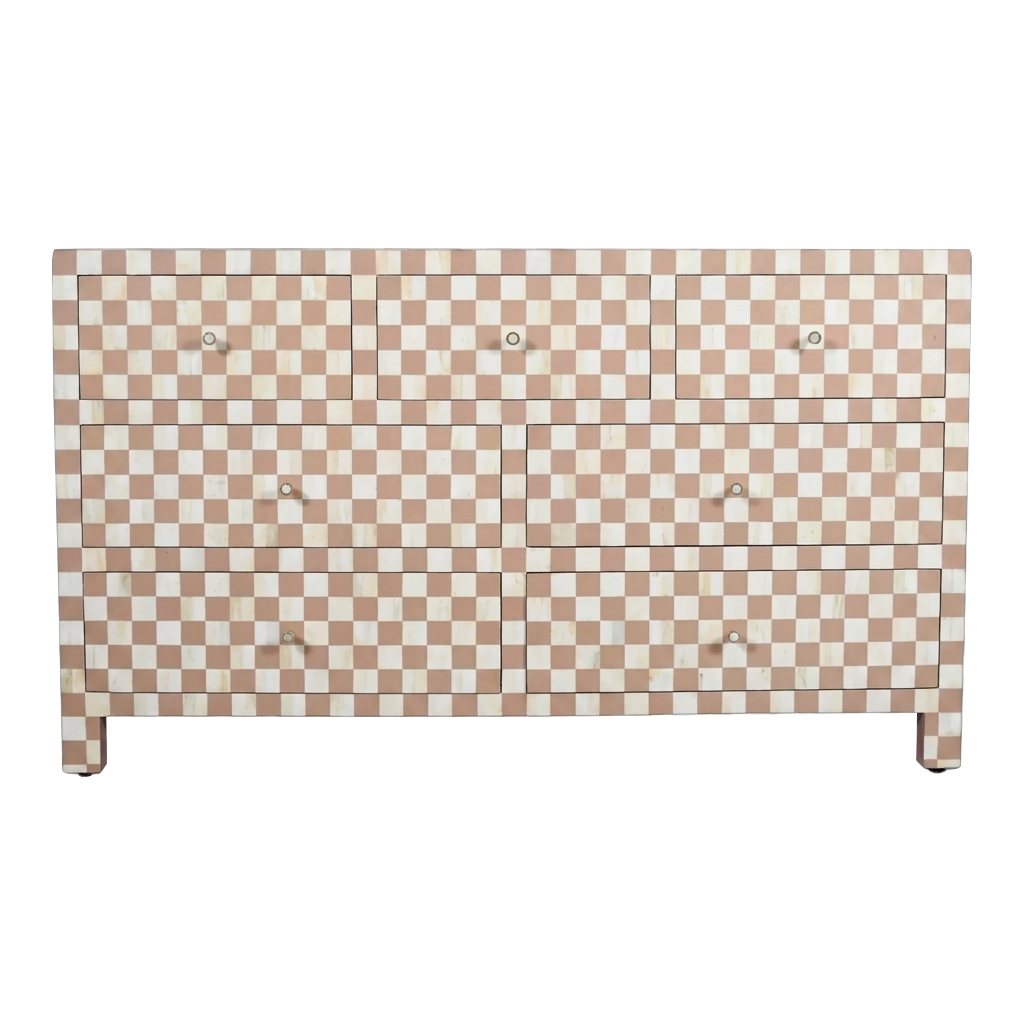 Checkerboard Bone Inlay 7-Drawer Dresser – Almond