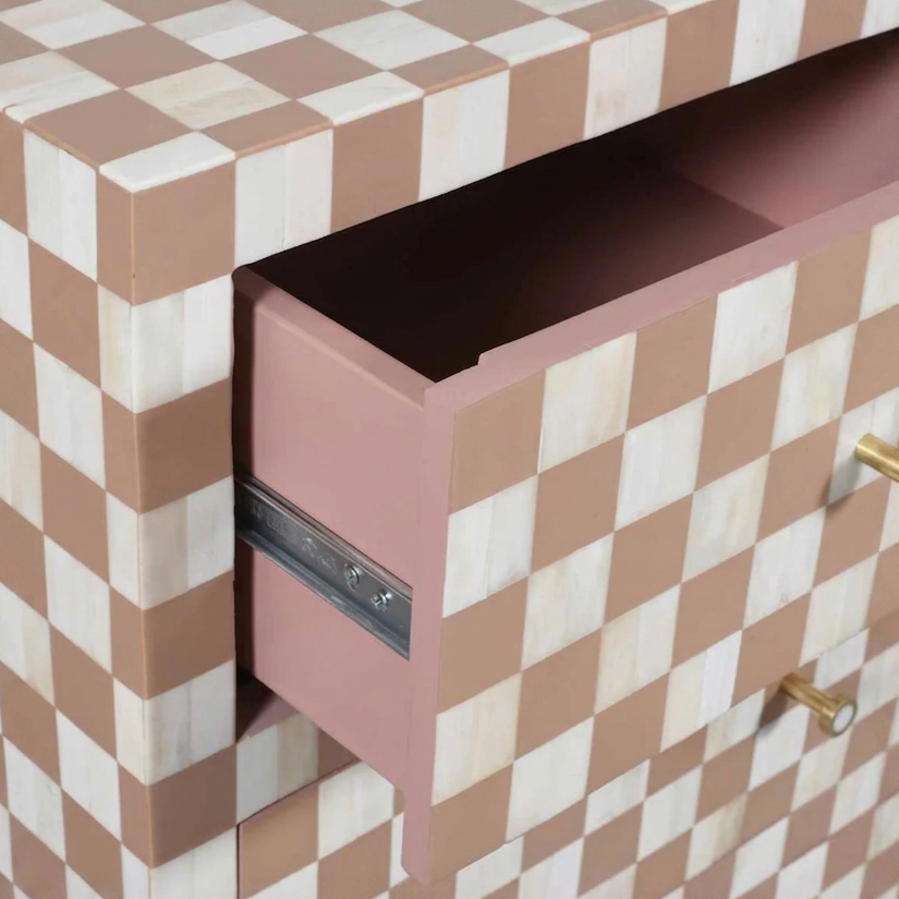 Checkerboard Bone Inlay 7-Drawer Dresser – Almond