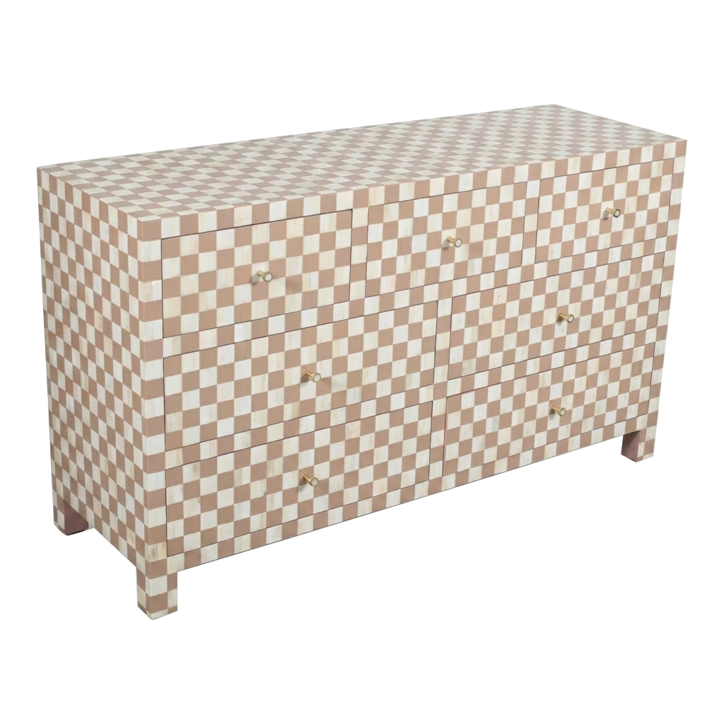 Checkerboard Bone Inlay 7-Drawer Dresser – Almond