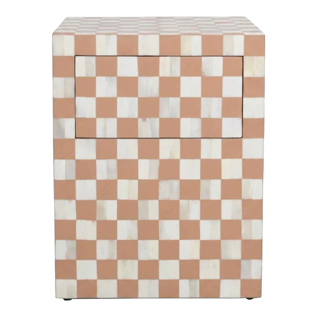 Checkerboard Bone Inlay Bedside Table – Almond