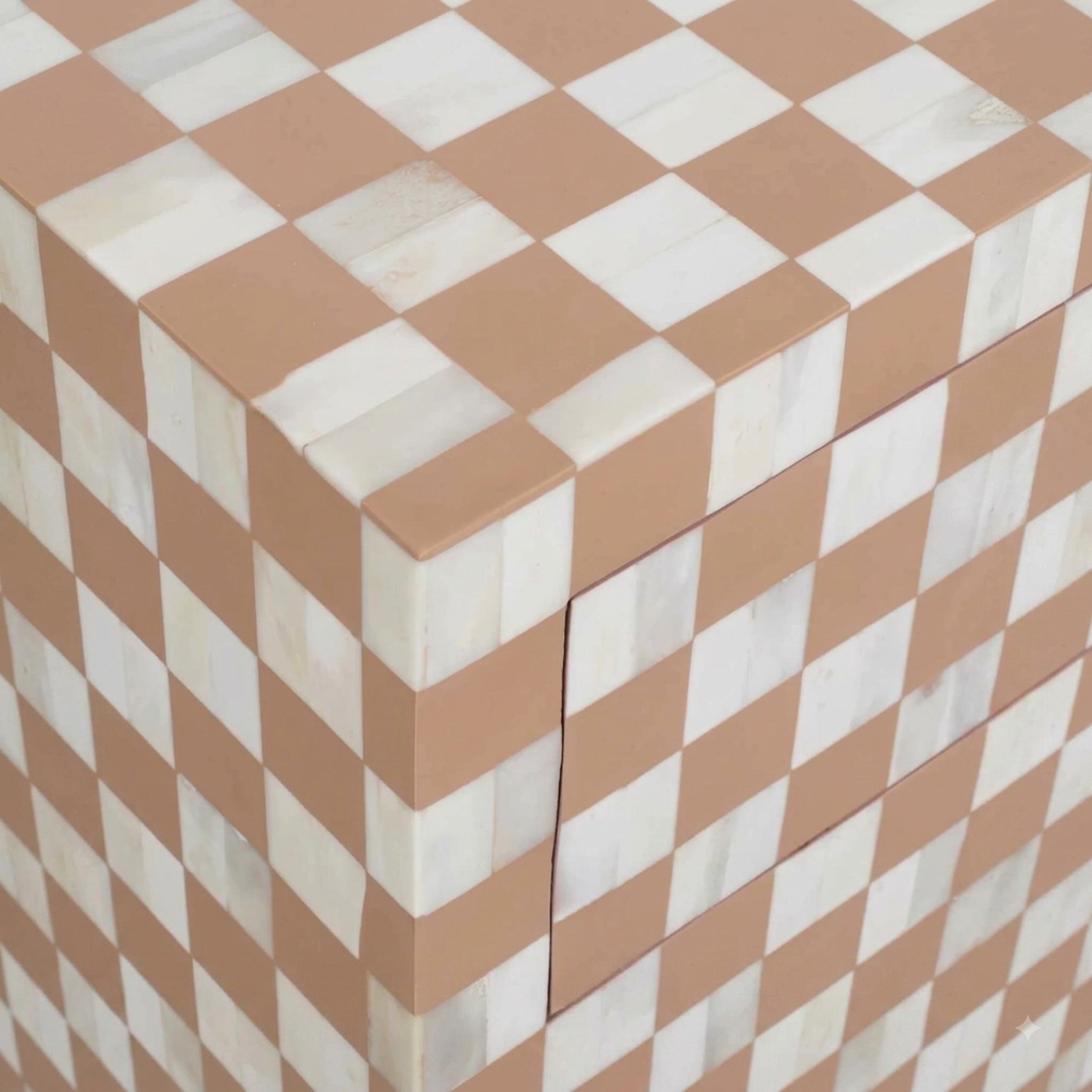Checkerboard Bone Inlay Bedside Table – Almond