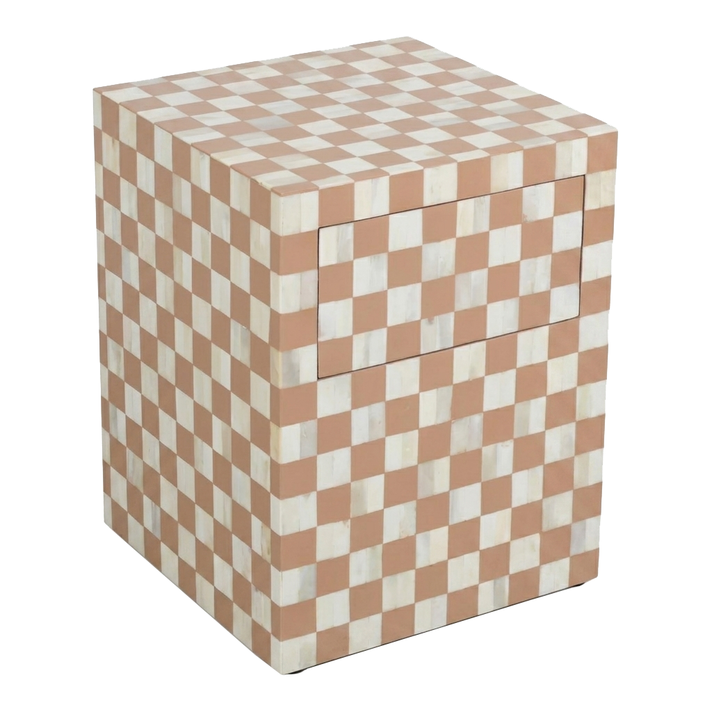 Checkerboard Bone Inlay Bedside Table – Almond