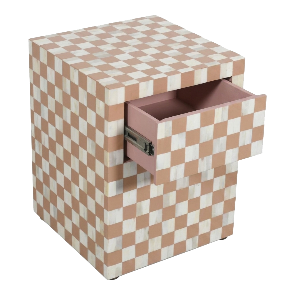 Checkerboard Bone Inlay Bedside Table – Almond