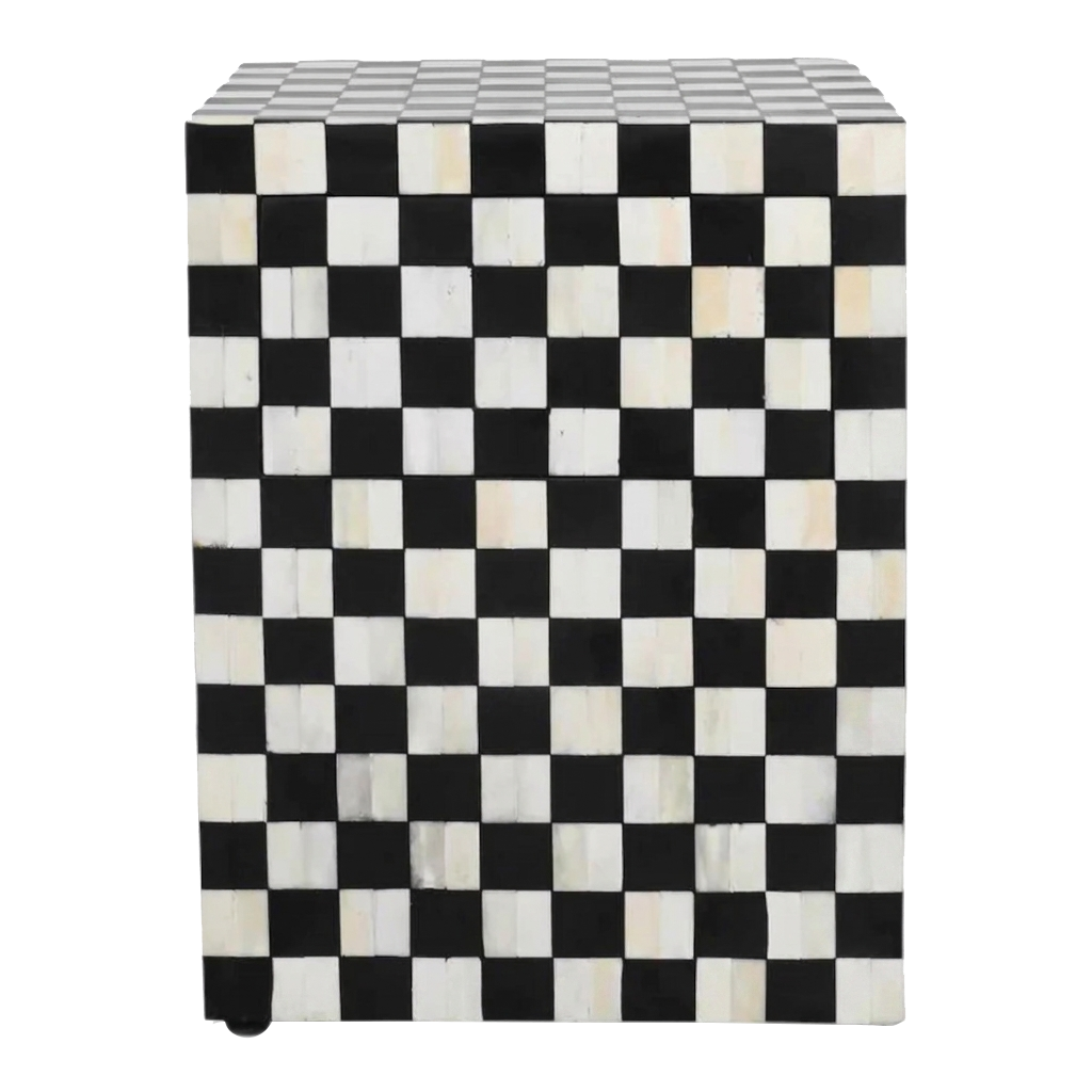 Checkerboard Bone Inlay Bedside Table – Black