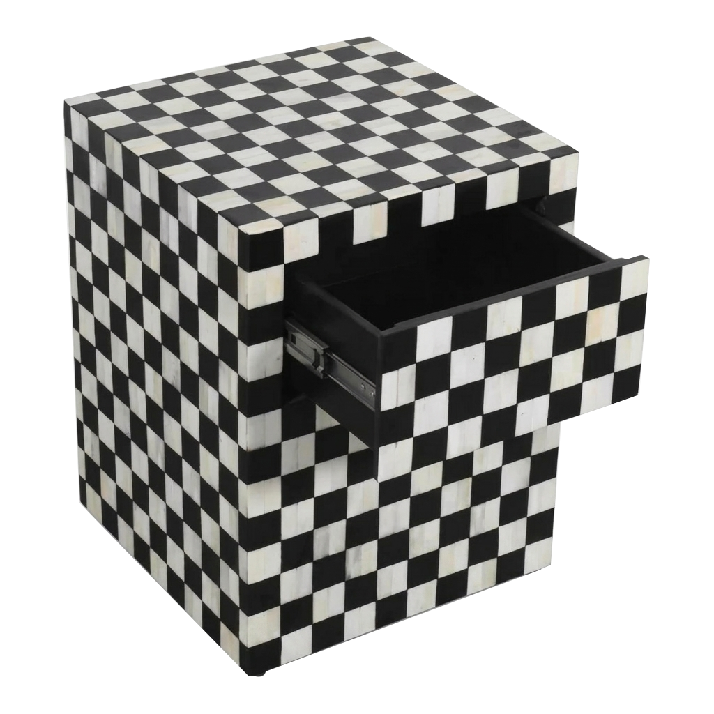 Checkerboard Bone Inlay Bedside Table – Black