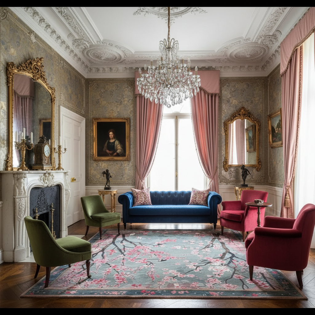Luxurious living room with ornate decor, including a blue sofa, a chinoiserie wool rug, red chairs, and a chandelier.