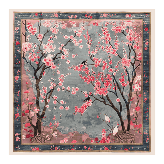 Step into a serene garden with Cherry Grove Serenity Hand Tufted Rug, a captivating rug that brings the peaceful elegance of cherry blossoms in full bloom. Hand-tufted with intricate detailing, the rug showcases a harmonious balance of soft pink florals and delicate birds perched on graceful branches. The misty grey background enhances the vibrant colors, creating a calming yet artistic ambiance for any space. Perfect for nature lovers, this rug is a masterpiece of craftsmanship and design, inviting tranqui