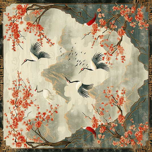 Cherry Blossom and Crane Hand Knotted Area Rug