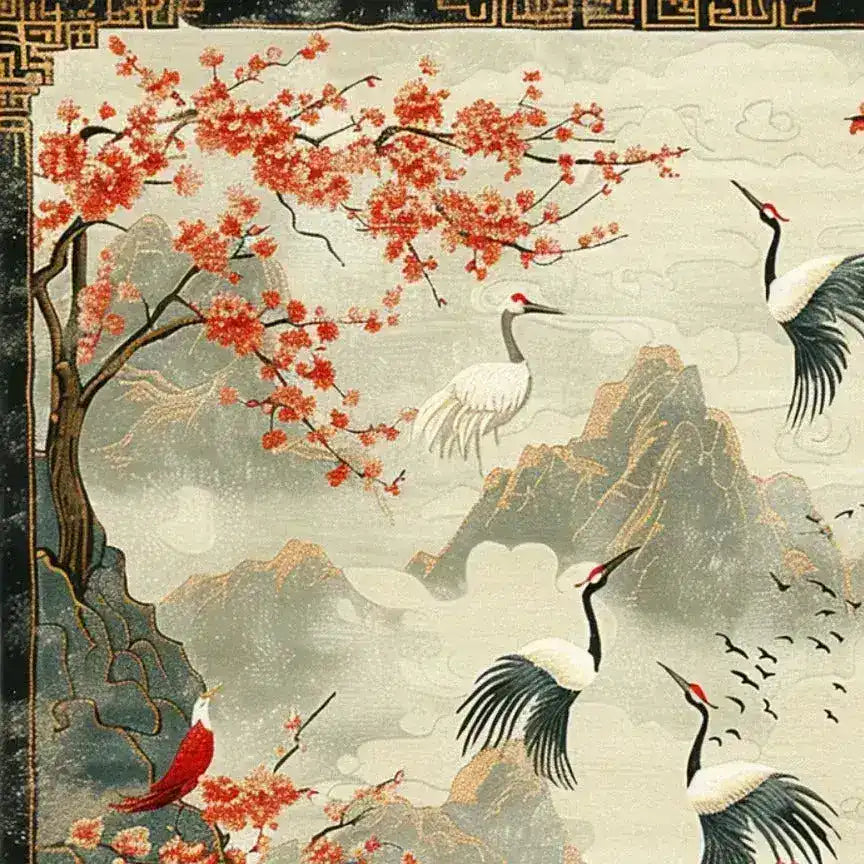 Cherry Blossom and Crane Hand Knotted Area Rug