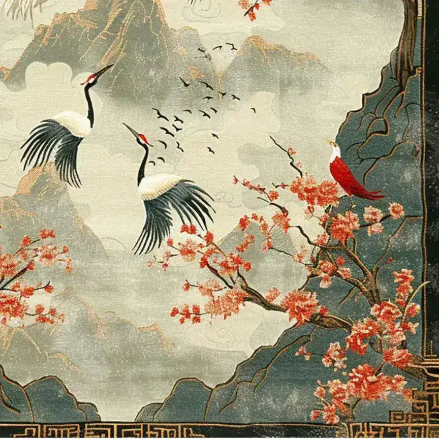 Cherry Blossom and Crane Hand Knotted Area Rug