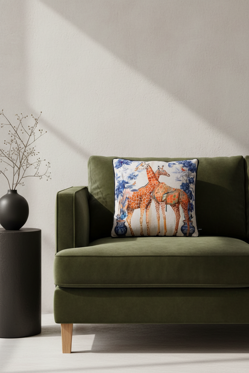 A square decorative throw pillow featuring an illustration of two giraffes, styled on an olive green velvet sofa in a modern living room setting.