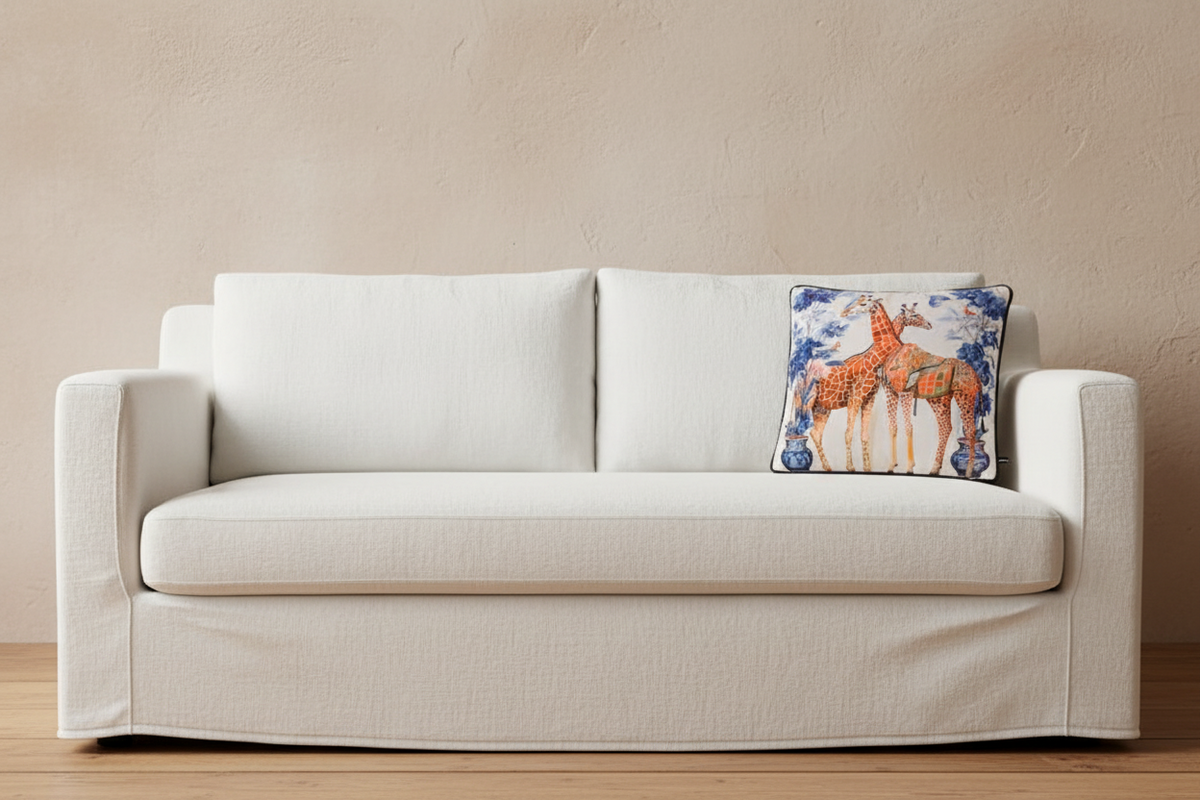 A square decorative throw pillow featuring an illustration of two giraffes, styled on an olive green velvet sofa in a modern living room setting.