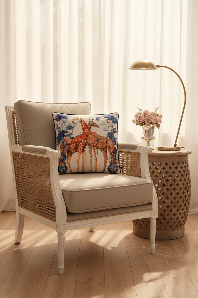 A square decorative throw pillow featuring an illustration of two giraffes on a white background with blue floral details, styled on an olive green velvet sofa next to a black side table.