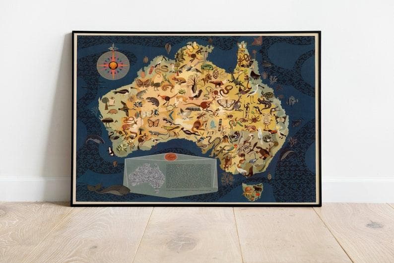 China Map Poster| Vintage Map China Wall Print Animals of Australia Map Print for Wall Decor 