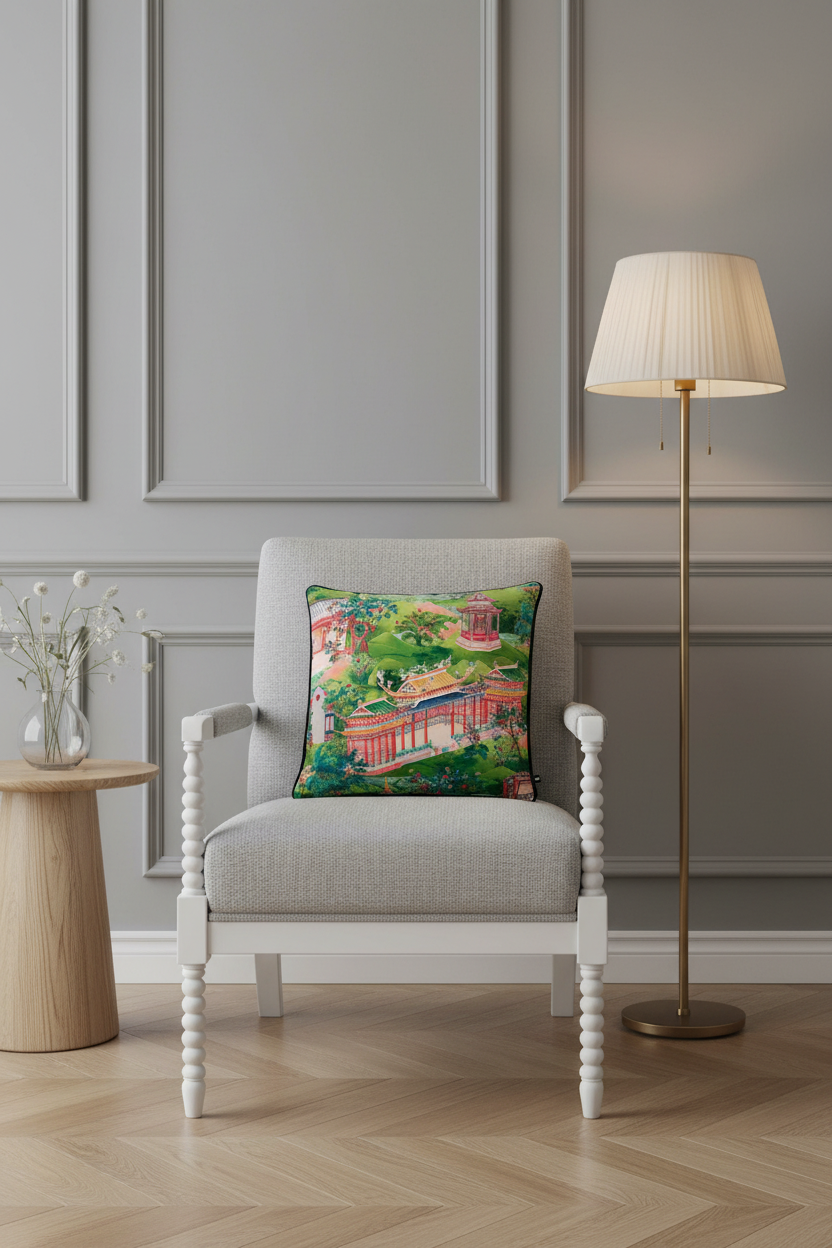 Chinese Pagoda Garden Printed Velvet Throw Pillow Cover