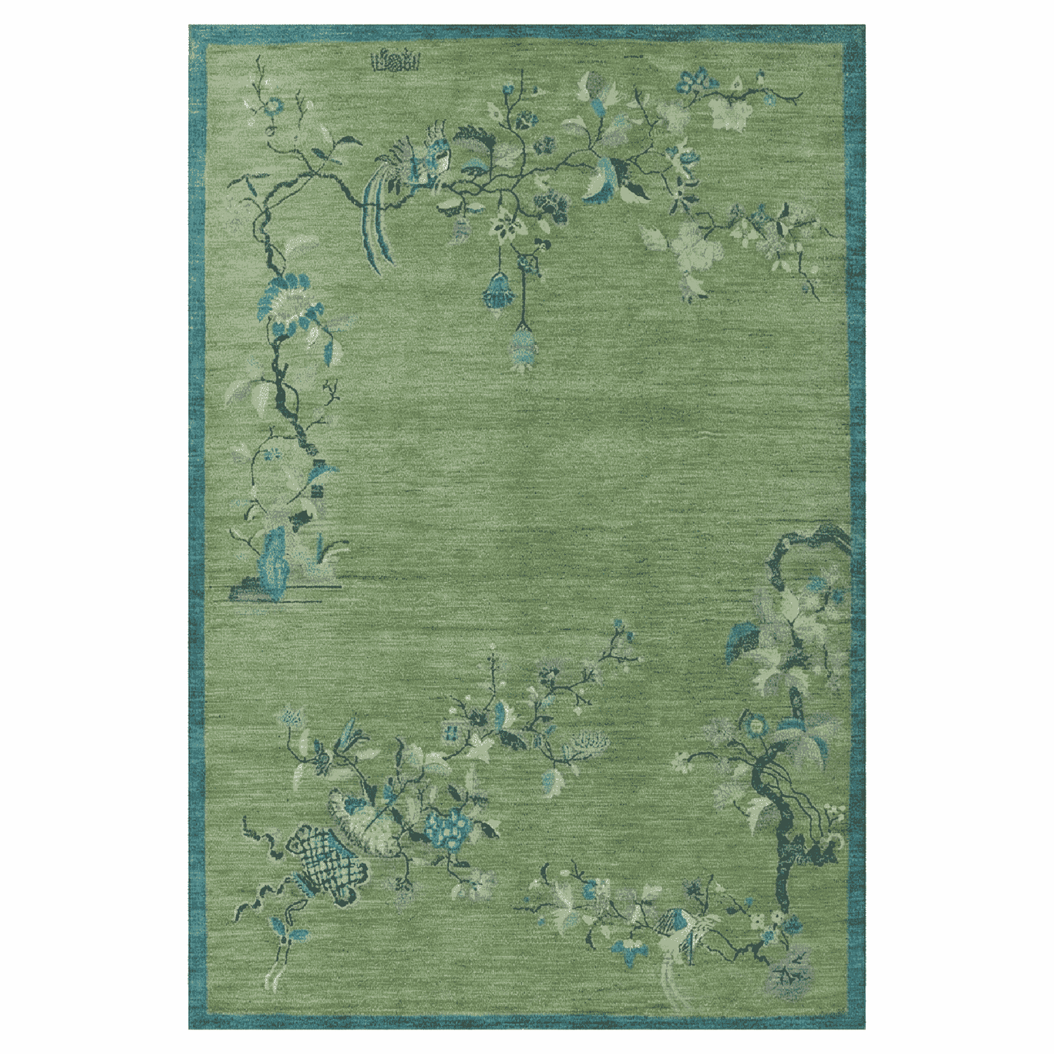 Green floral patterned rug on a white background
