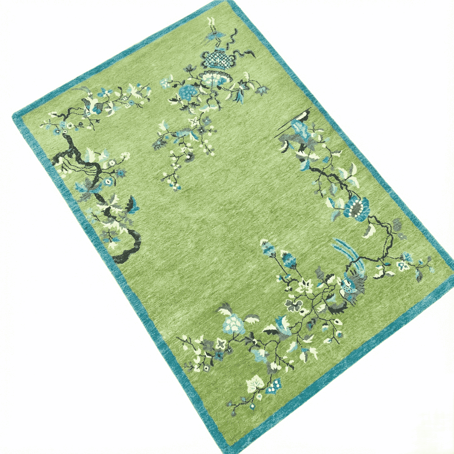 Decorative rug with floral patterns on a green background