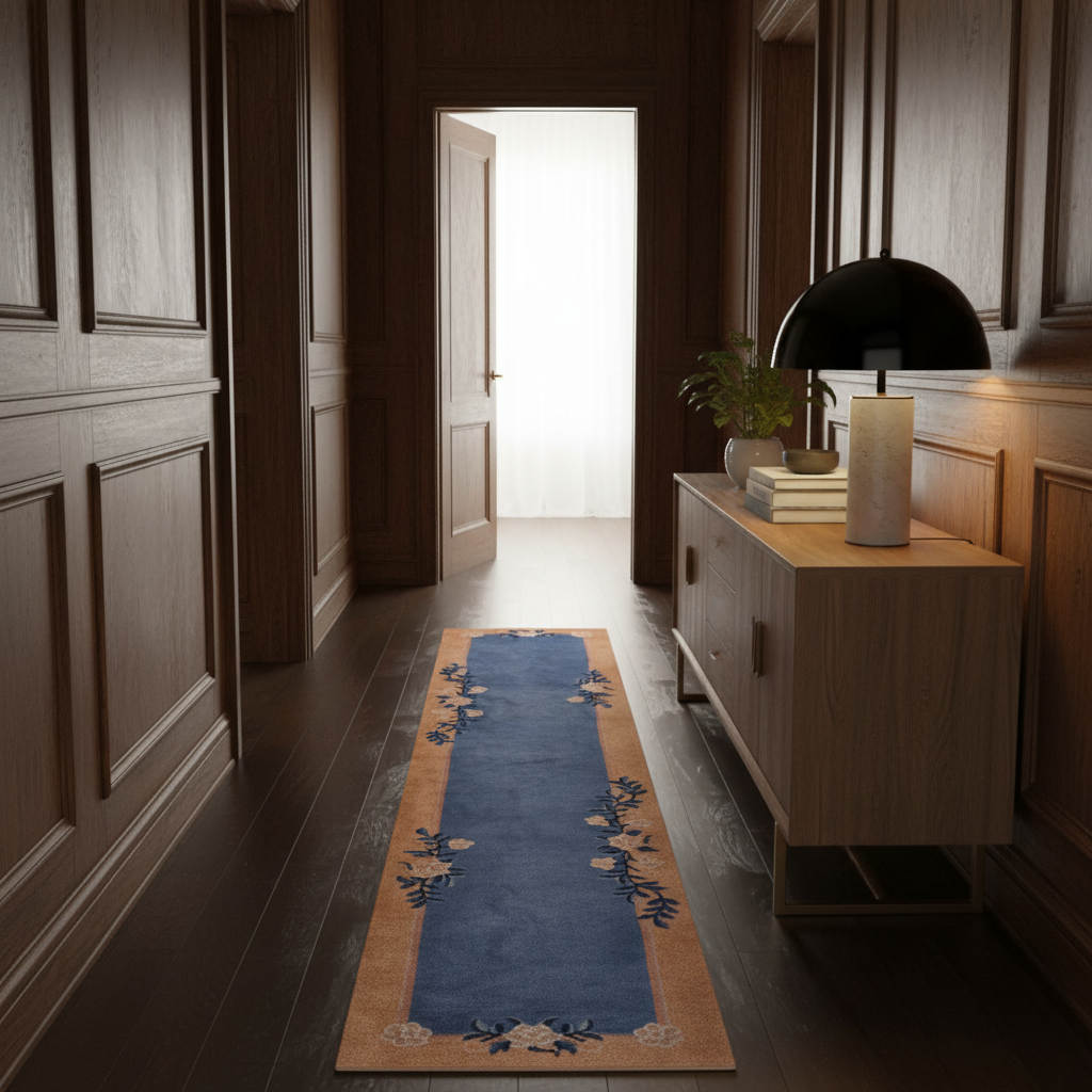 Chinoiserie Blue Floral Wool Hand Knotted Area Rug Runner