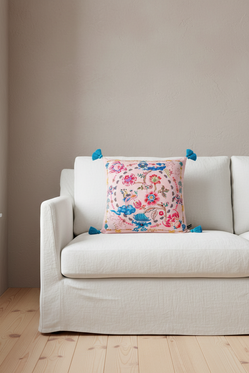 A square decorative throw pillow with a pink floral and bird pattern and blue tassels, styled on a white slipcovered sofa in a minimalist room with a beige wall and light wood floor.