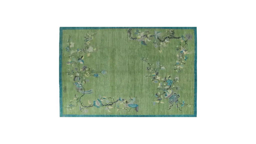 Chinoiserie Peacock in Green Field Wool Hand Knotted Area Rug - MAIA HOMES
