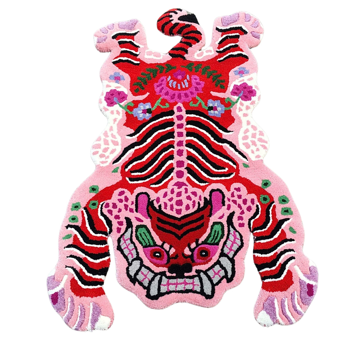 Colorful tiger design with floral elements rug on a white background