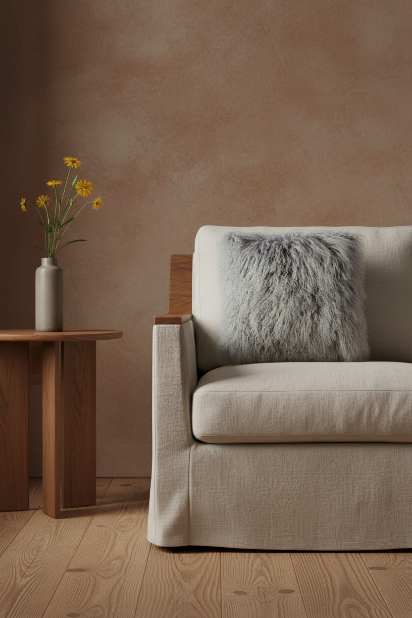 A beige upholstered armchair with a textured gray faux-fur throw pillow, set in a minimalist room with a warm brown plaster wall, light wood floor, and a small wooden side table holding yellow flowers.