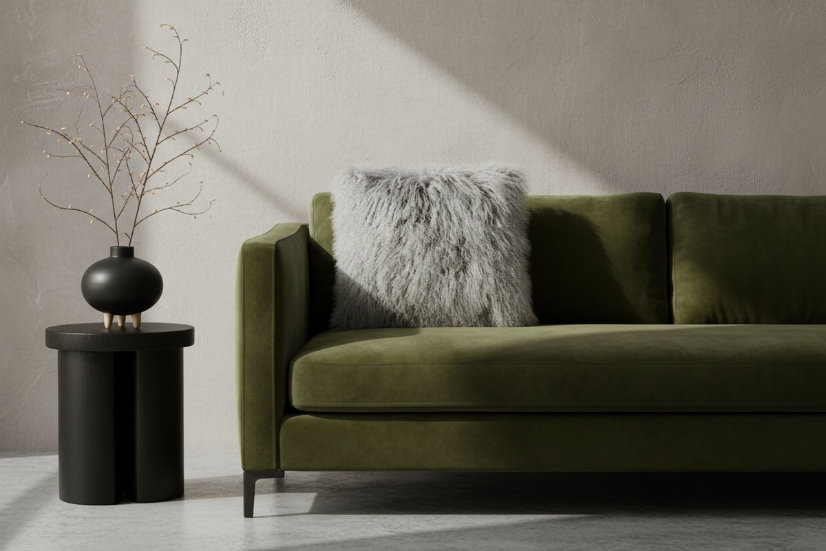 An olive green velvet sofa in a modern living room setting, styled with a fluffy light gray throw pillow and a black side table with a vase of branches.