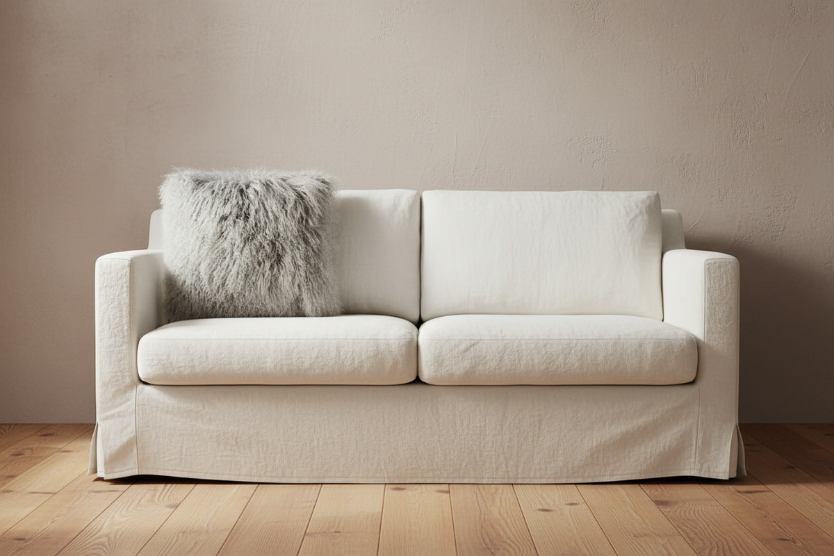 A cream-colored slipcovered loveseat sofa with a textured gray faux fur throw pillow, set against a neutral beige wall and light wood flooring.