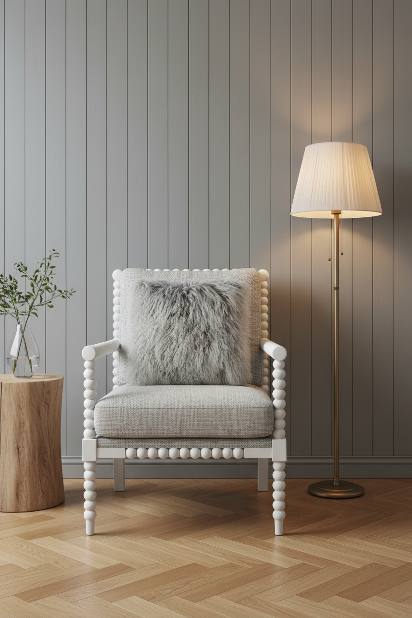 A white upholstered armchair with bead detailing and a fluffy gray throw pillow, set in a styled room with a gray paneled wall, a floor lamp, and a wooden side table.