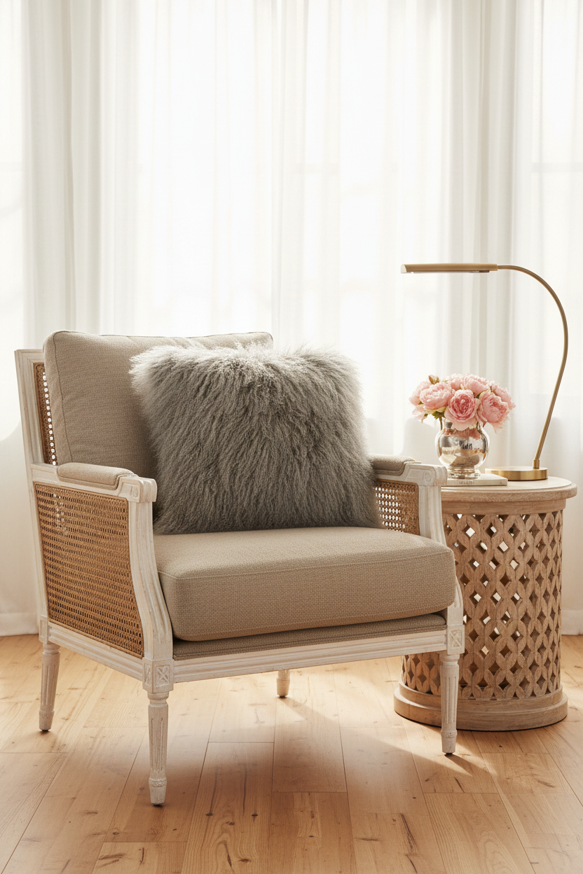 A beige upholstered armchair with woven cane sides and a fluffy gray throw pillow, styled in a bright room next to a wooden side table with a lamp and flowers.