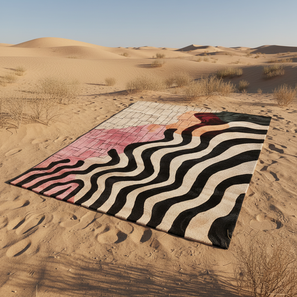 Colorful patterned rug on sand dunes