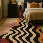 Elegant Chroma Waves Hand Tufted Area Rug featuring bold wavy patterns in black, beige, and terracotta, placed in a cozy bedroom setting. Perfect for adding a modern touch to office spaces or as a large area rug in the living room. This wool rug enhances the warmth and style of the room.