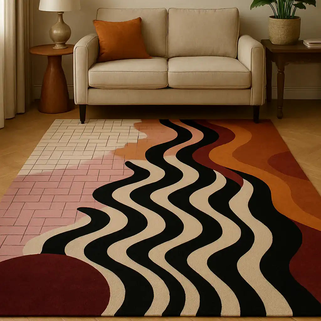 A stylish hand-tufted area rug featuring a dynamic wave pattern with black and beige tones, complemented by warm earth tones. Perfect for enhancing an office space or adding flair to a living room. This large wool rug not only adds visual interest but also offers comfort underfoot, making it an ideal choice for both office rugs and large area rugs for living rooms.