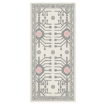 A rectangular area rug with a white background and a gray circuit board pattern accented by pink circular details, shown flat against a white background.