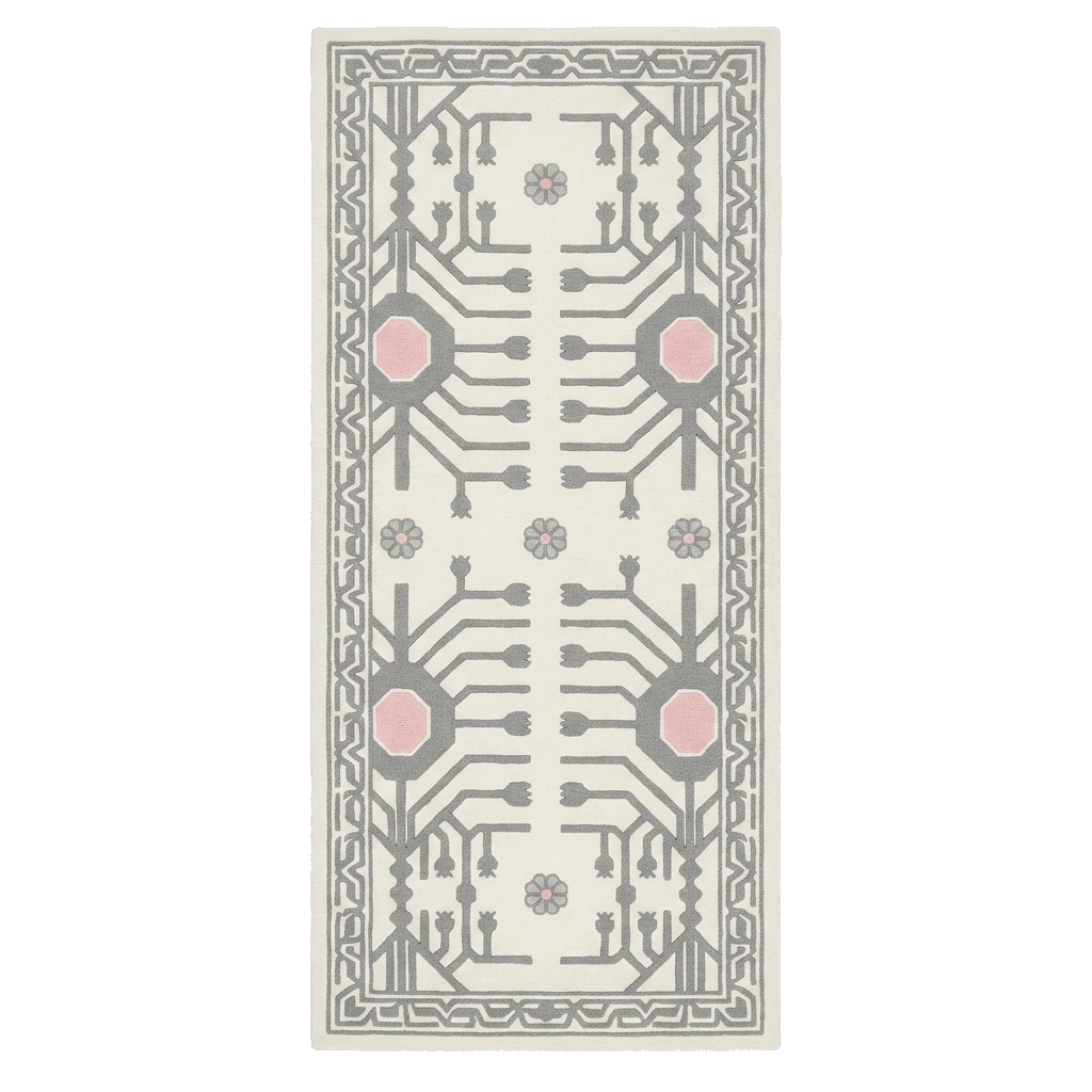 A rectangular area rug with a white background and a gray circuit board pattern accented by pink circular details, shown flat against a white background.